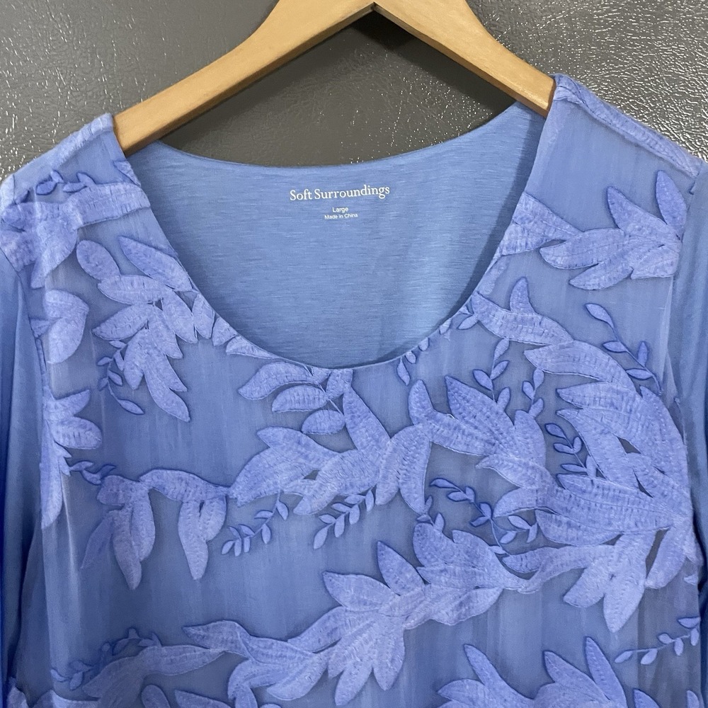 SOFT‎ SURROUNDINGS Women's Large Tunic Heart Song Silk Embroidered Dusty Blue - Picture 7 of 8